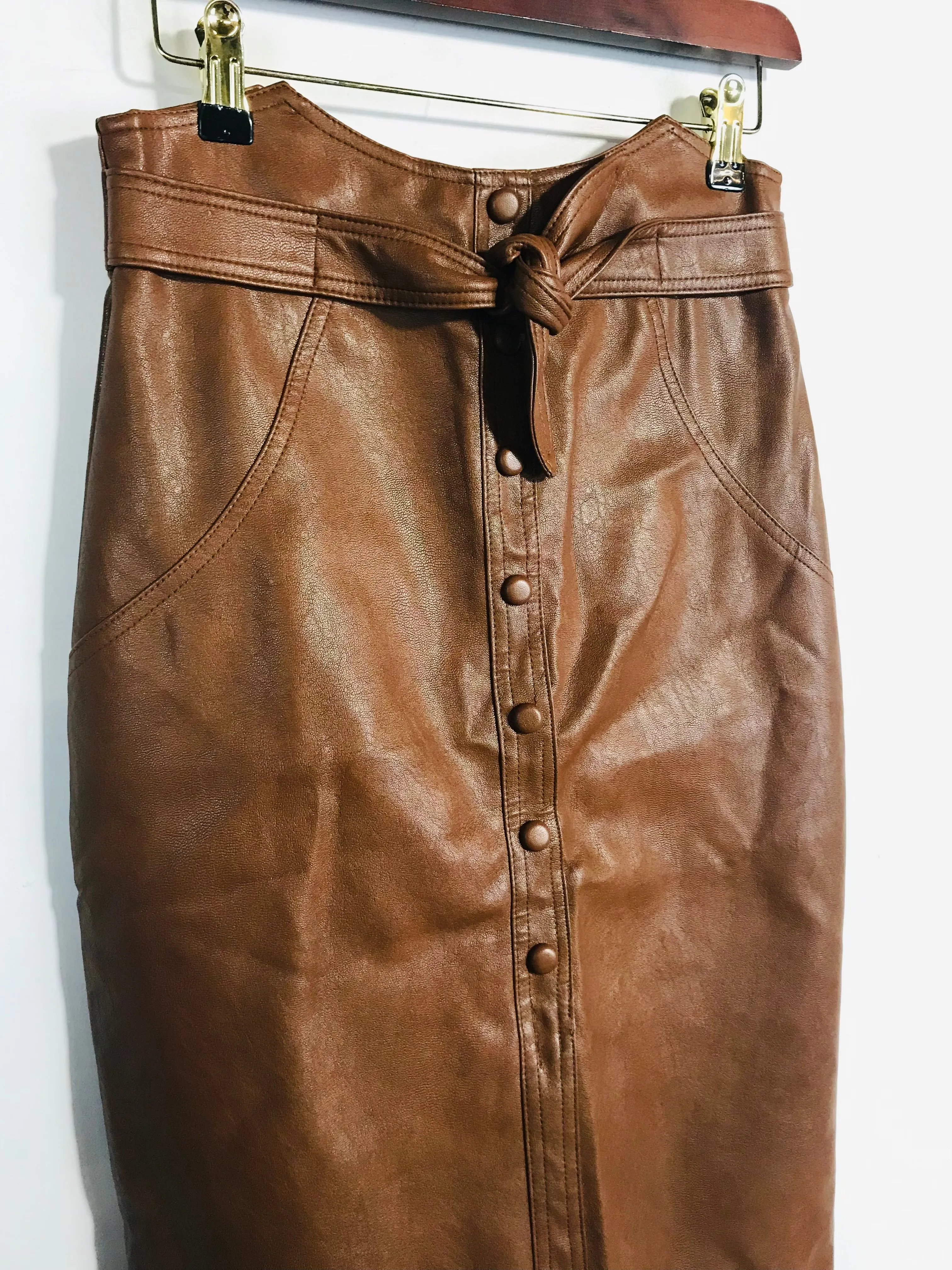 Glassworks London Women's Faux Leather High Waist Pencil Skirt | M UK10-12 | Brown