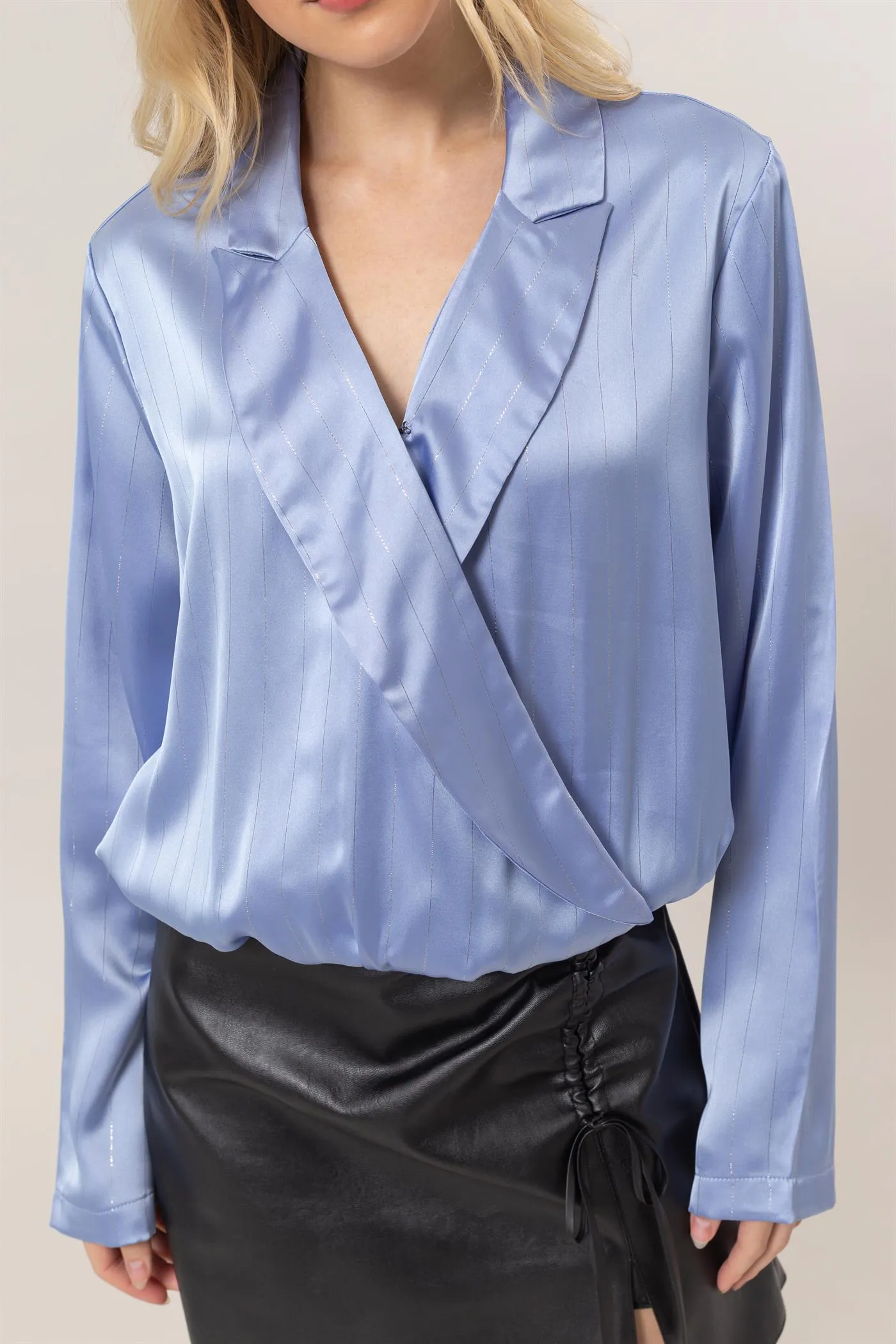 HF25C383-Sophisticated Lurex Striped Wrap Blouse