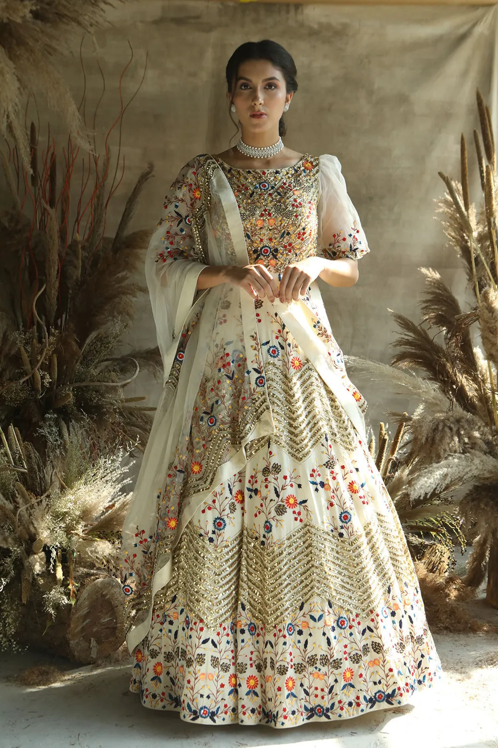 Ivory Thread-Work Anarkali Suit With Organza Dupatta