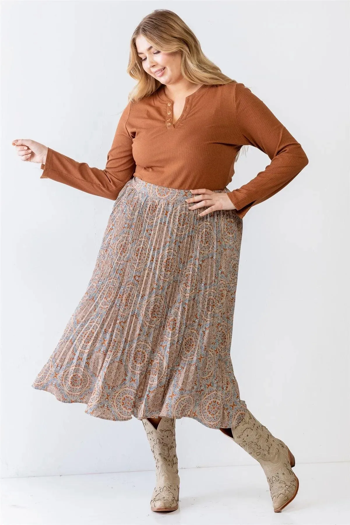 Junior Plus Rust Bohemian Print Pleated Midi Skirt /3-2-1