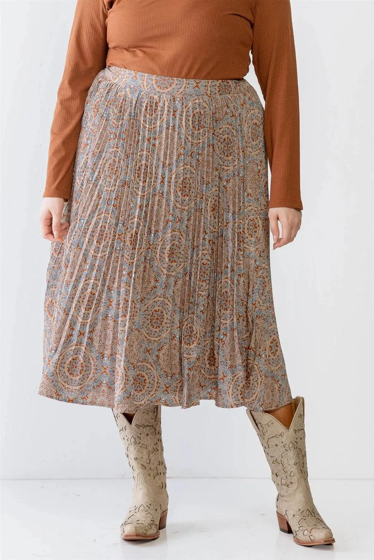 Junior Plus Rust Bohemian Print Pleated Midi Skirt /3-2-1