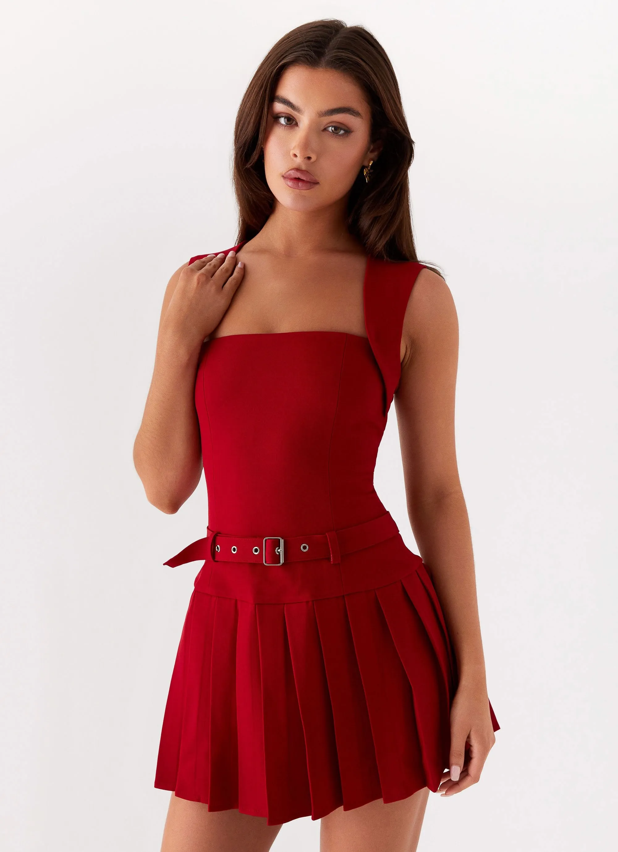 Justina Belted Mini Dress - Red