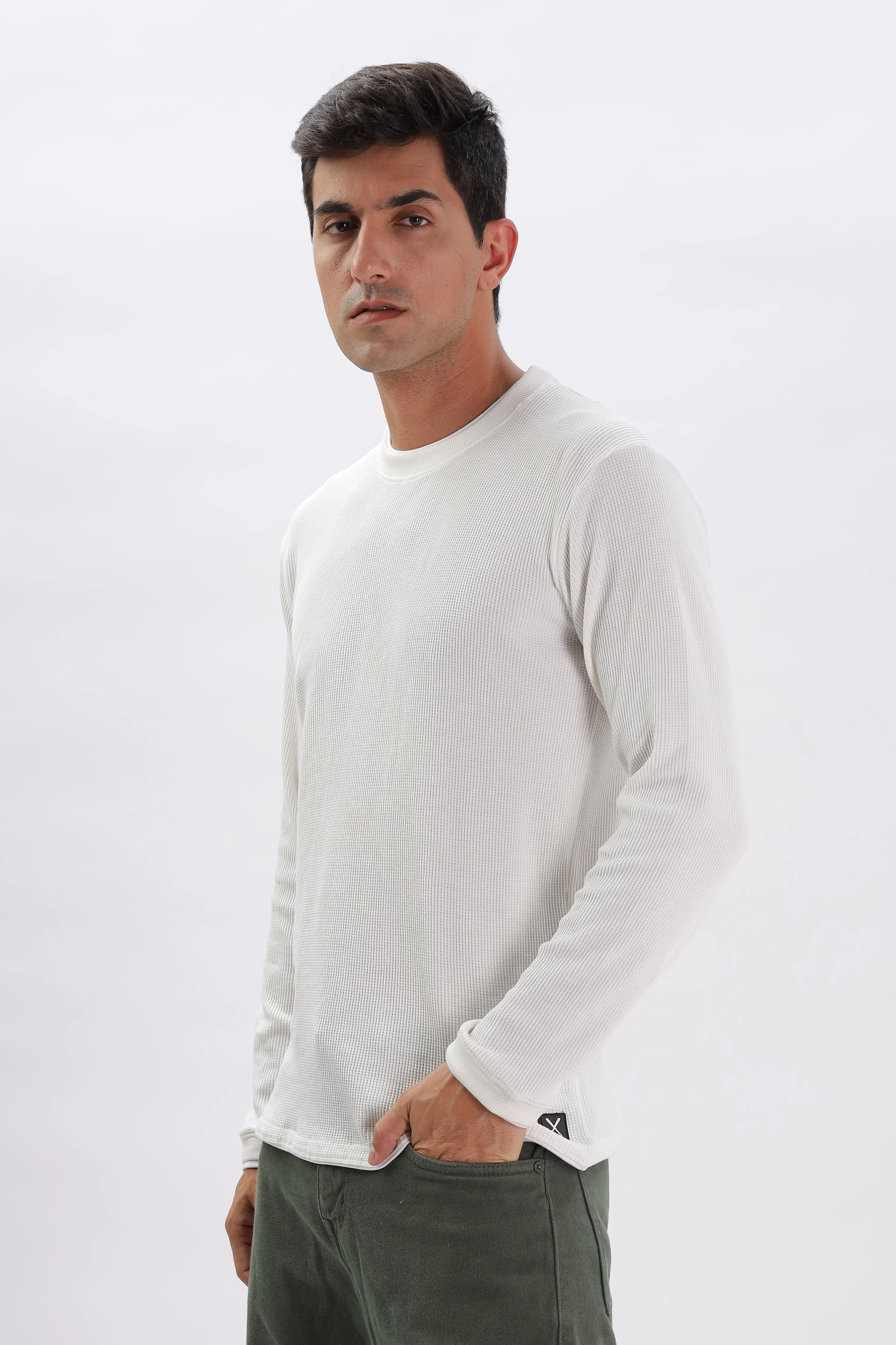 Knitted Full Sleeve T-Shirt: White