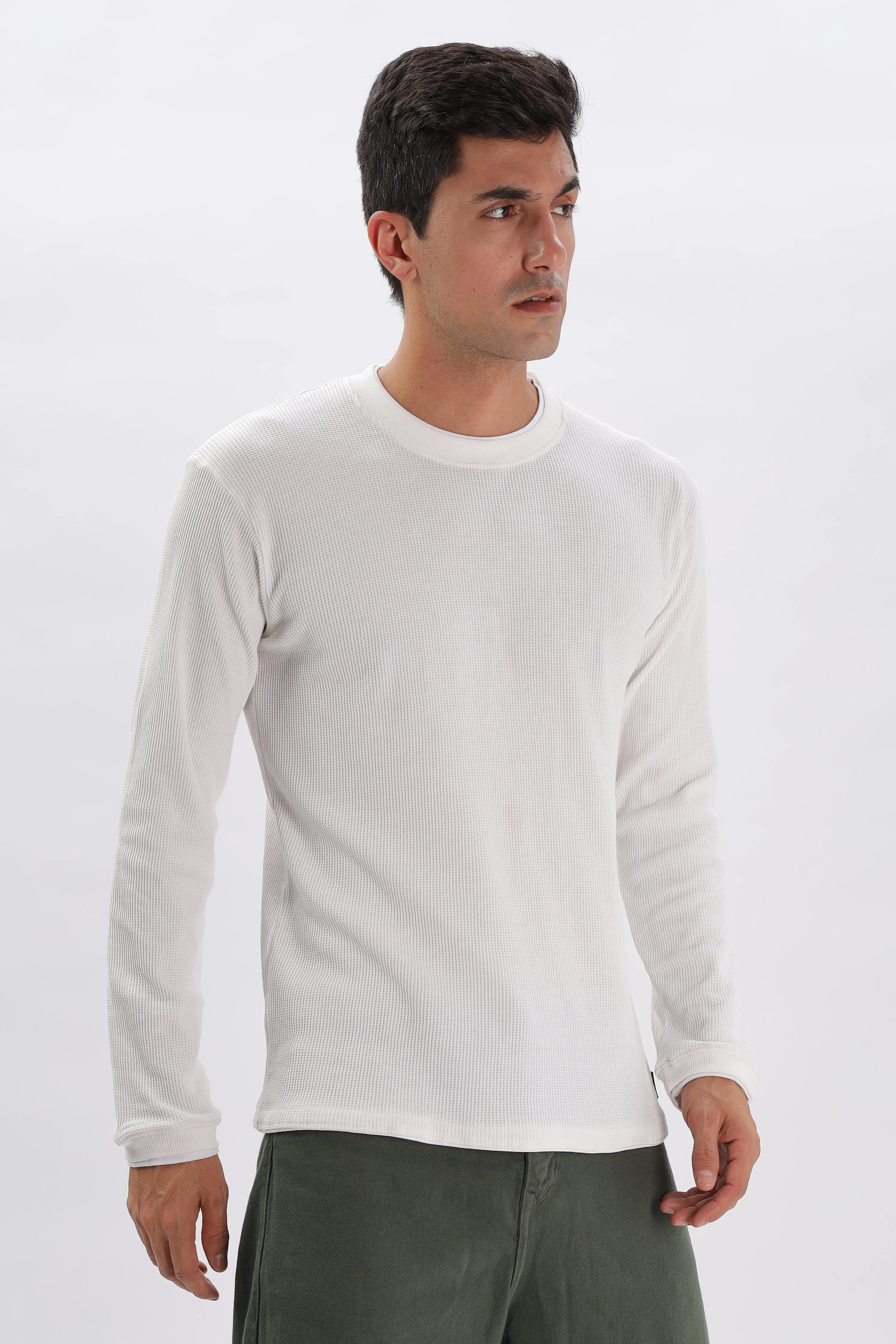 Knitted Full Sleeve T-Shirt: White