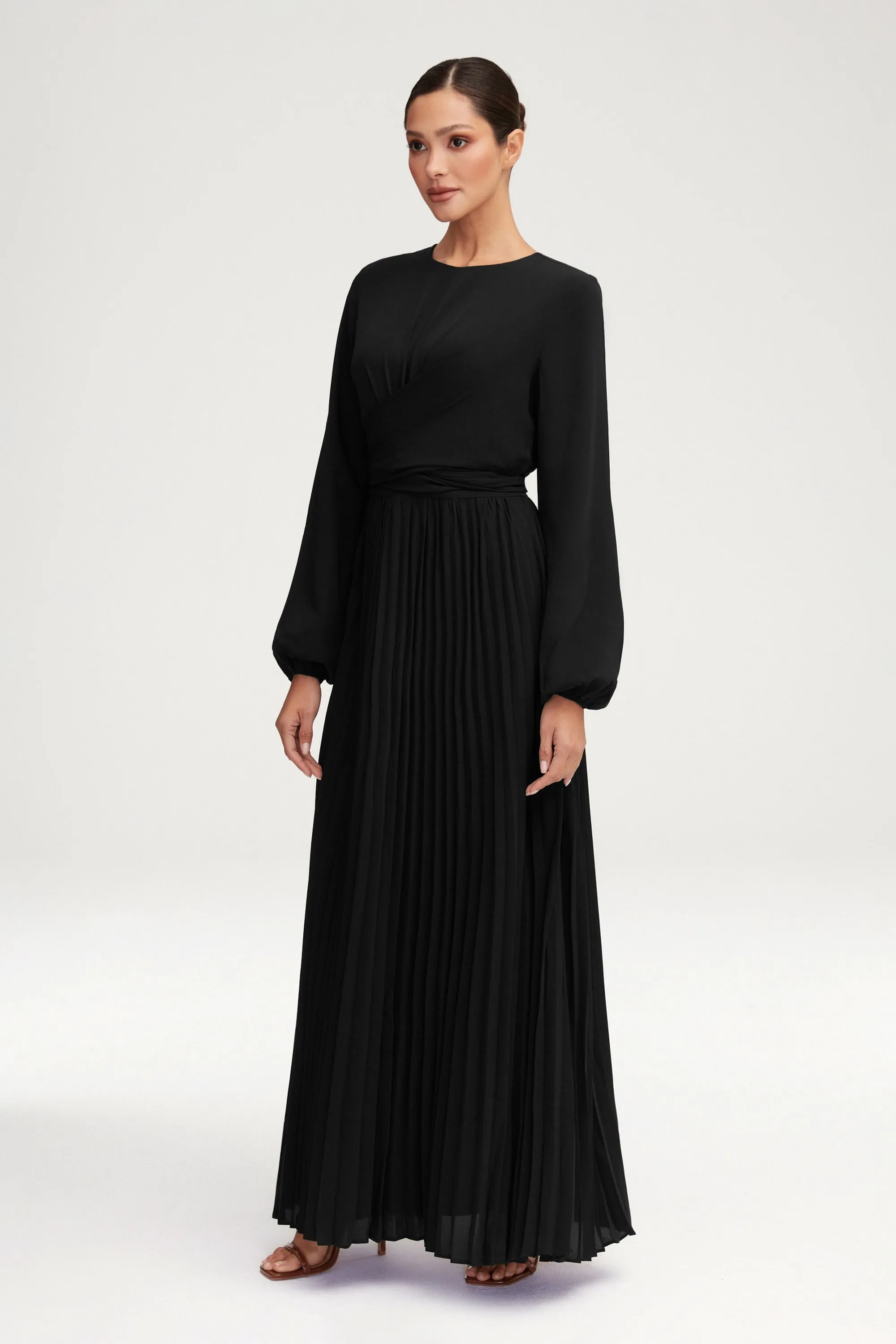 Layana Pleated Wrap Waist Maxi Dress - Black