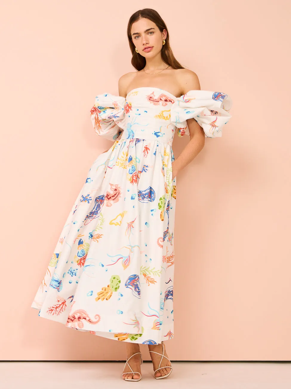 Leo Lin Matilda Puff Sleeve Midi Dress in Twilight Print in White