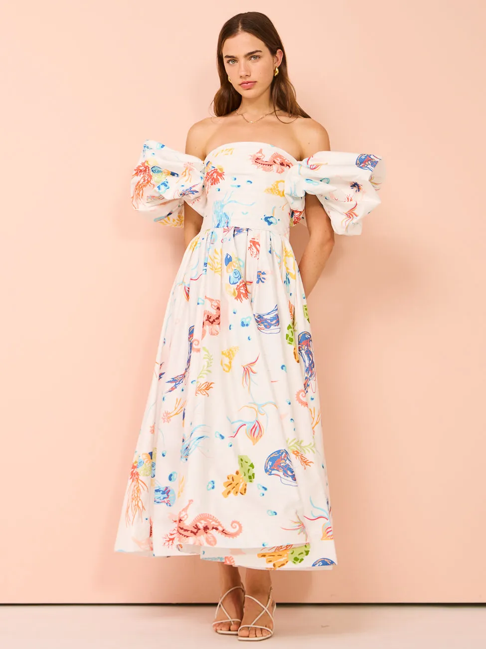 Leo Lin Matilda Puff Sleeve Midi Dress in Twilight Print in White