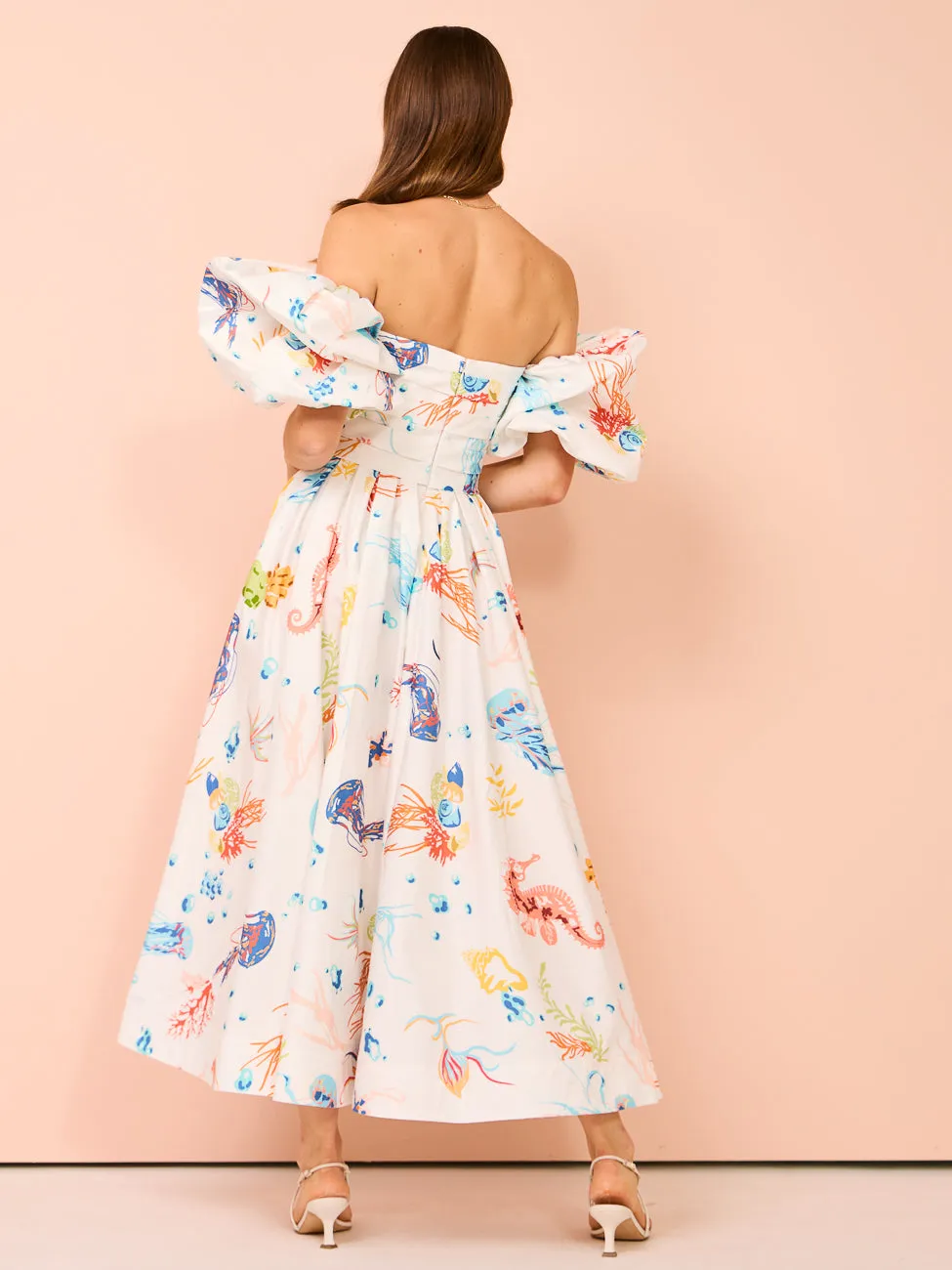 Leo Lin Matilda Puff Sleeve Midi Dress in Twilight Print in White