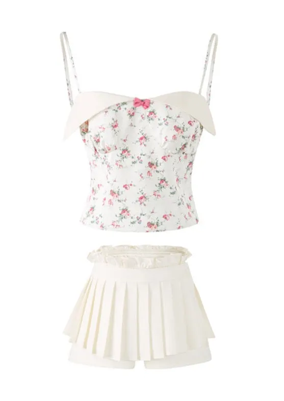 LLDC Floral Lapel Camisole Top & Ruffled Pleated Skirt Set