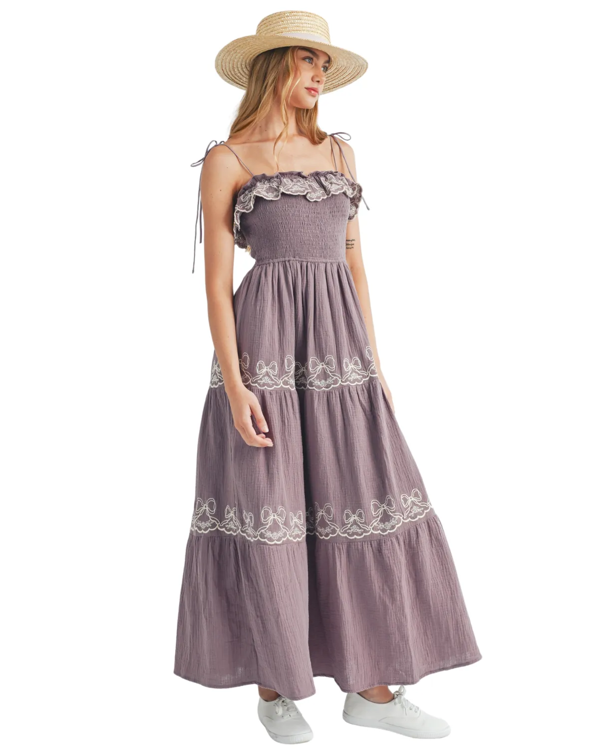 Mable Gauze Embroidered Tiered Babydoll Midi Dress - Md4904