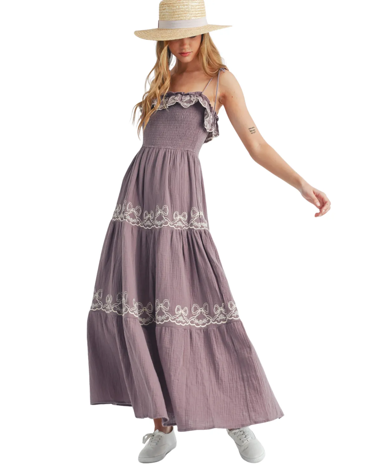 Mable Gauze Embroidered Tiered Babydoll Midi Dress - Md4904