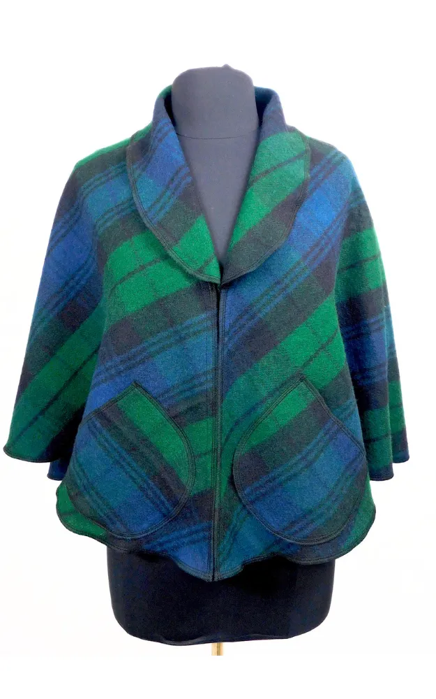 Merino Wool Tartan Cape Jacket - Black Watch - Design Studio - Size S/M