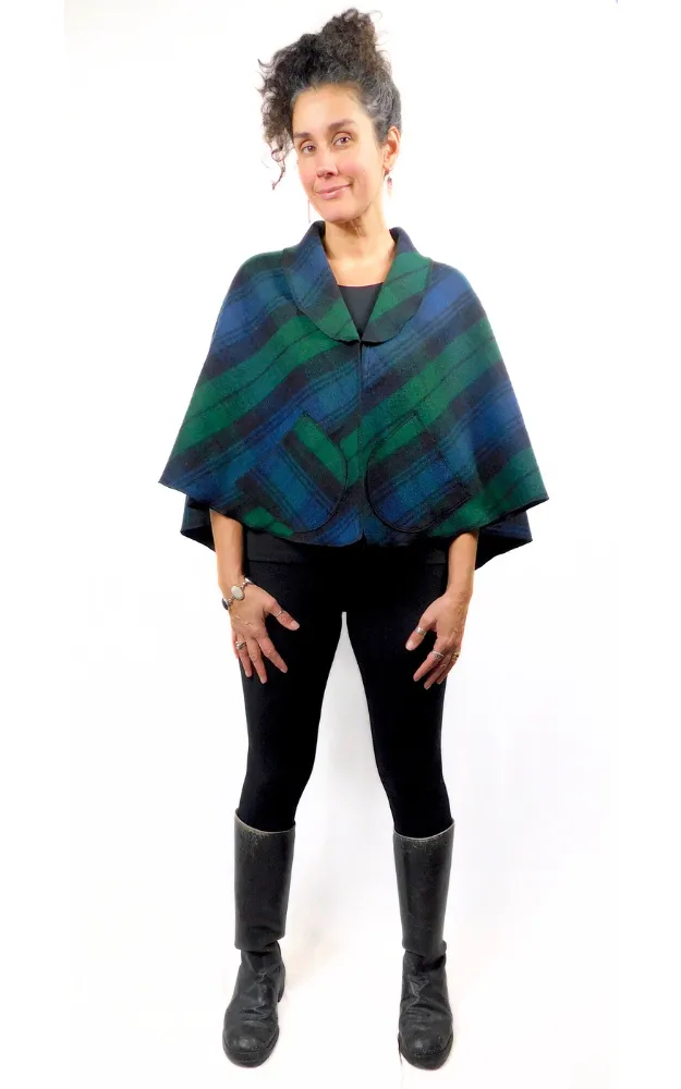 Merino Wool Tartan Cape Jacket - Black Watch - Design Studio - Size S/M