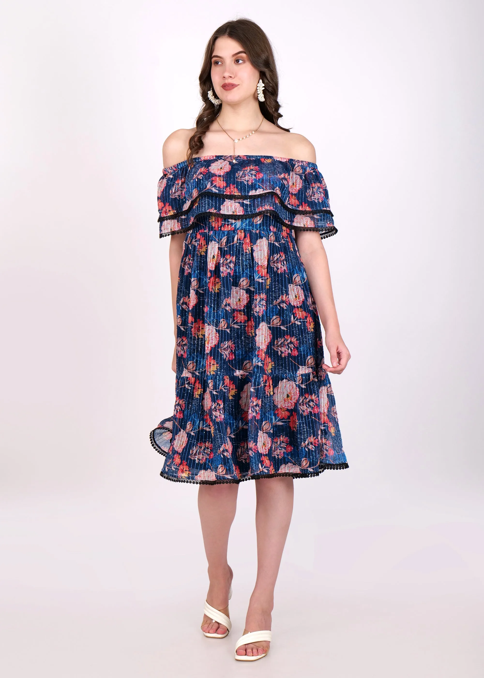 Midnight Blossom Off-Shoulder Dress