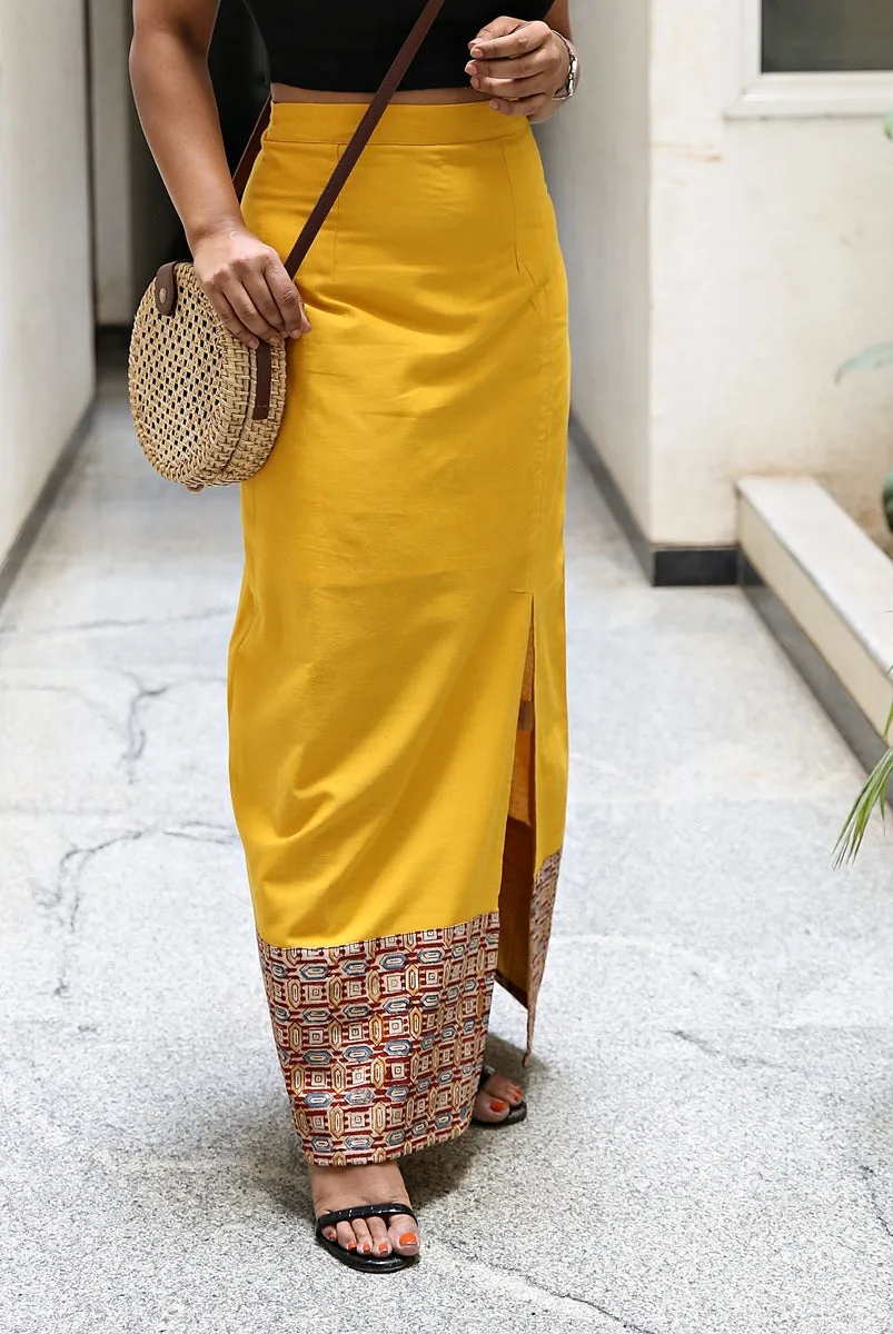 Mogra Yellow Handloom Cotton Maxi Skirt With Block Printed Border