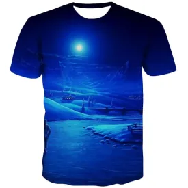 Moon T-shirt Men Snow Tshirts Novelty Landscape T-shirts 3d Blue Tshirts Casual