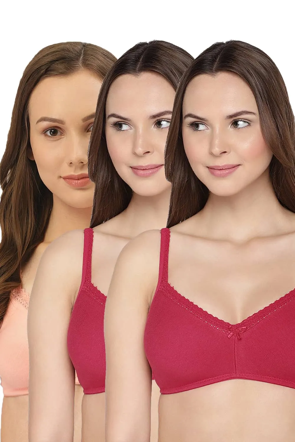 Organic Cotton Antimicrobial Soft Laced Bra (Pack of 3)-ISB017-Peach_Maroon_Maroon-