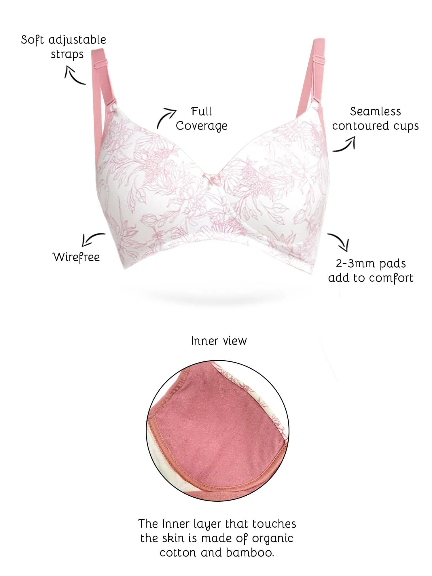 Organic Cotton  Antimicrobial Wire-free Padded Bra (Pack of 2)-ISB068-Coral Pink_Jungle Print-