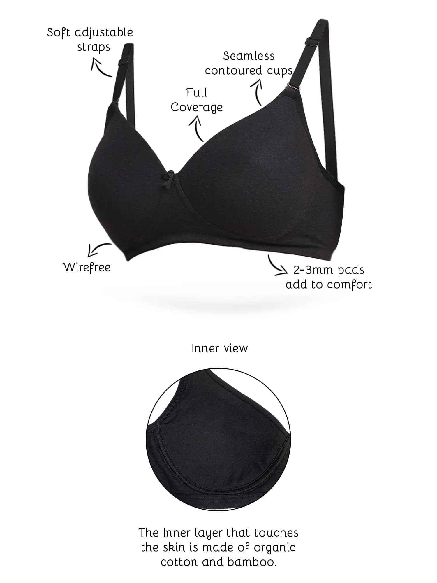 Organic Cotton  Antimicrobial Wire-free Padded Bra (Pack of 3)-ISB068-Black_Black_J.Print-