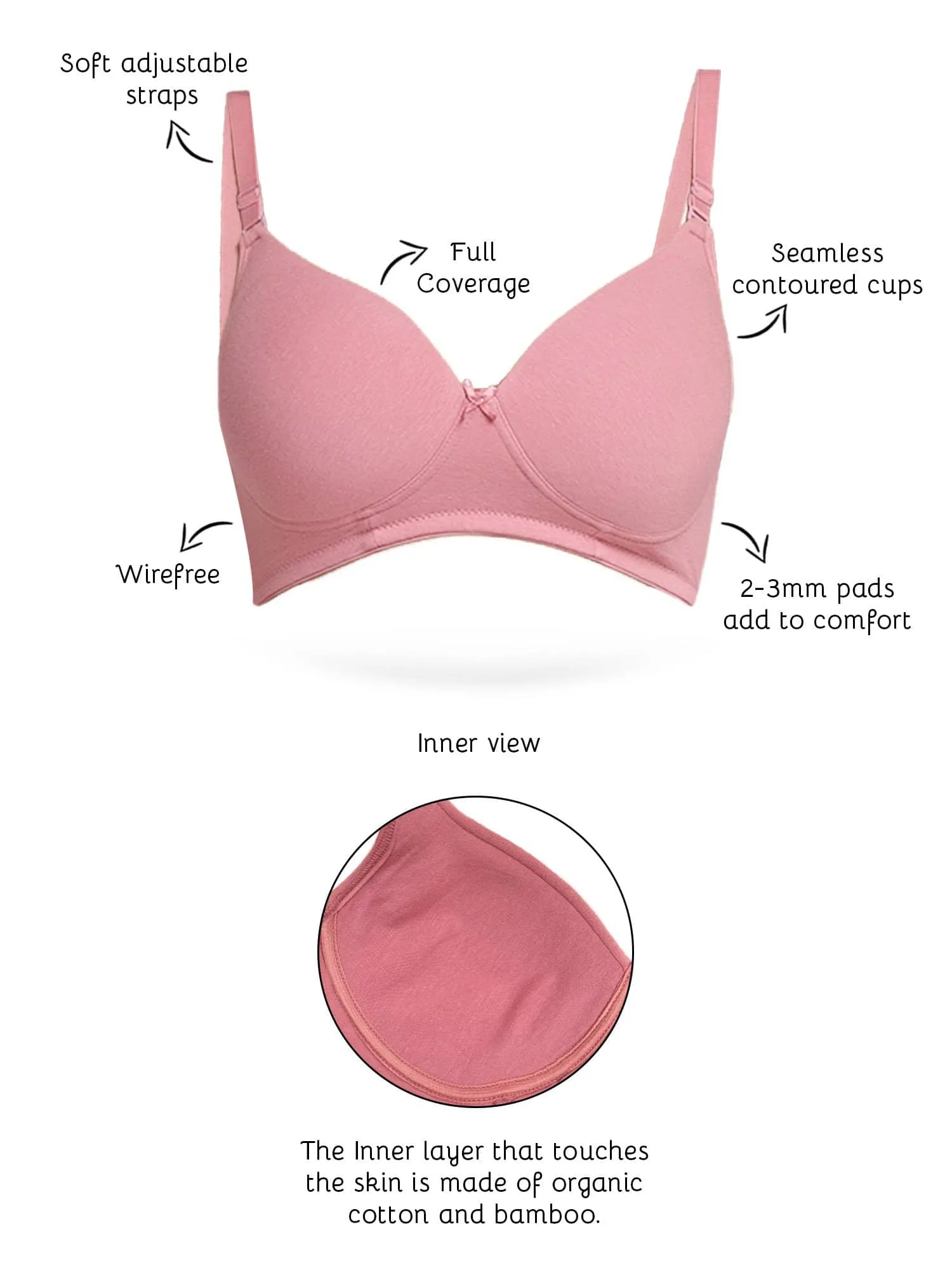 Organic Cotton  Antimicrobial Wire-free Padded Bra (Pack of 3)-ISB068-B.Pink_Coral Pink_Mauve-