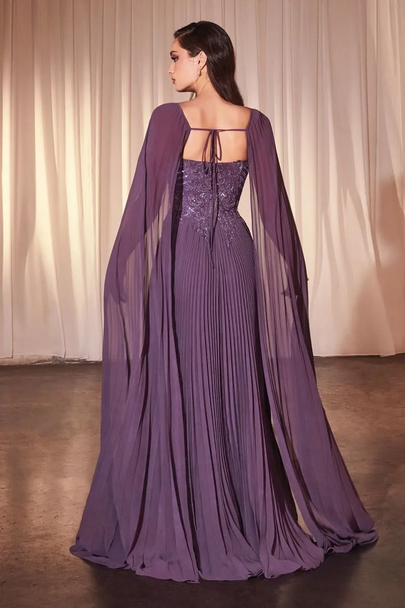 PLEATED A-LINE GOWN WITH CAPE SLEEVES CDCJ937