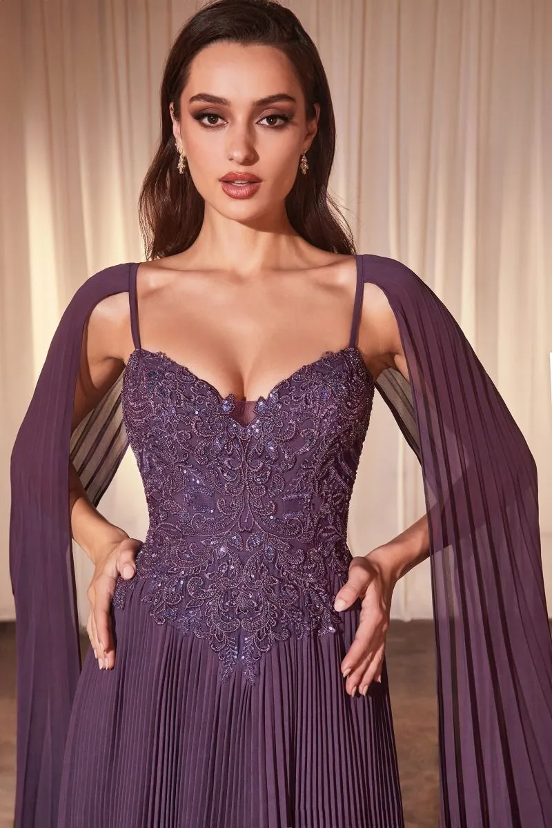 PLEATED A-LINE GOWN WITH CAPE SLEEVES CDCJ937