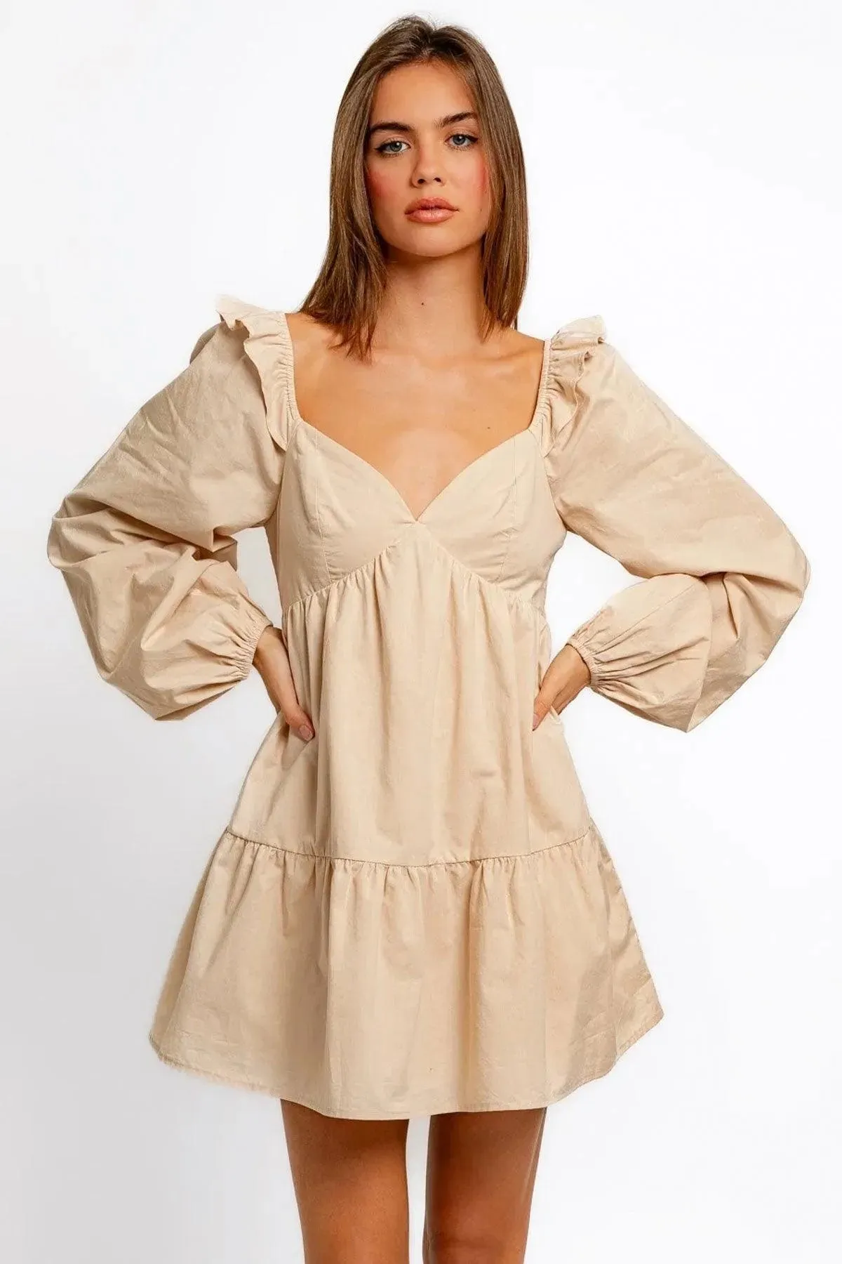 Puff Long Sleeve Ruffle Shoulder Babydoll Mini Dress