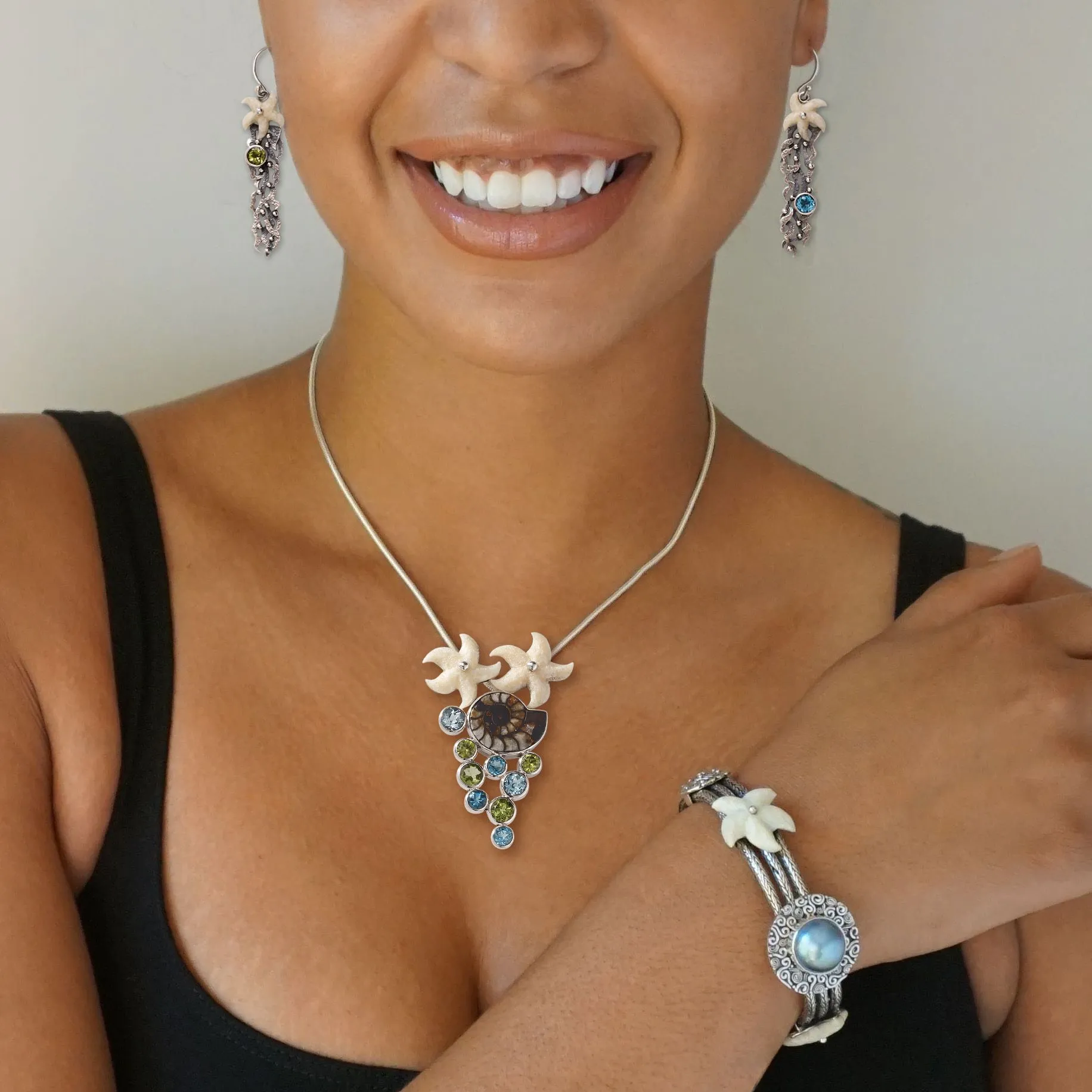 "Sea Treasures" Fossilized Walrus Tusk, Mabe Pearl and Sterling Silver Bracelet