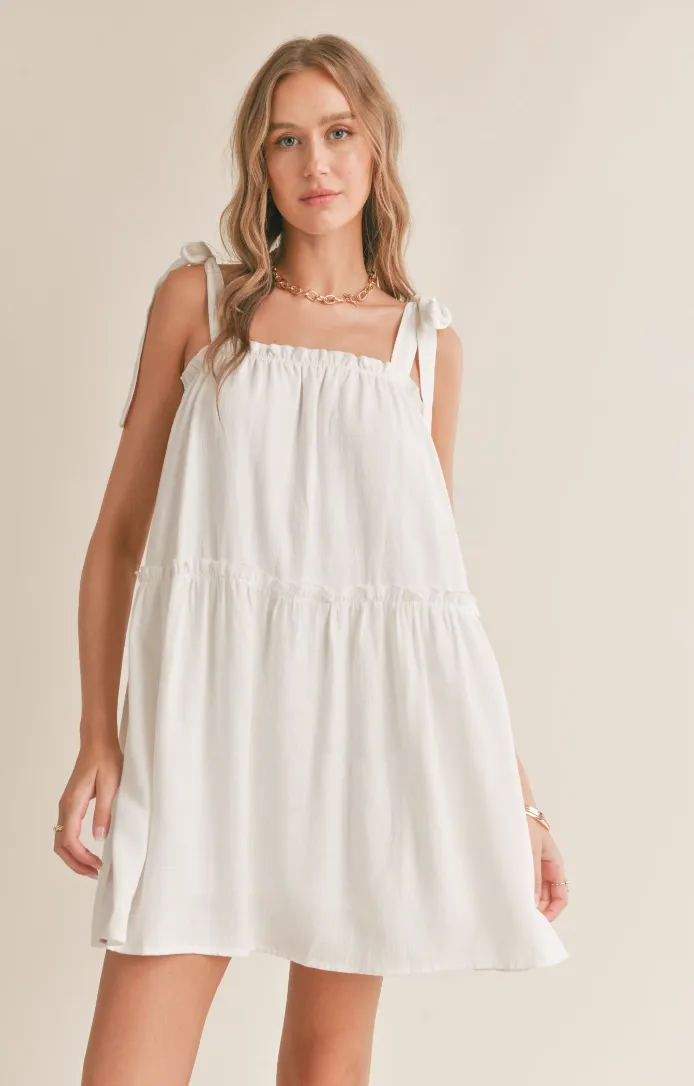 S&S Tie Shoulder Babydoll Dress-Wht