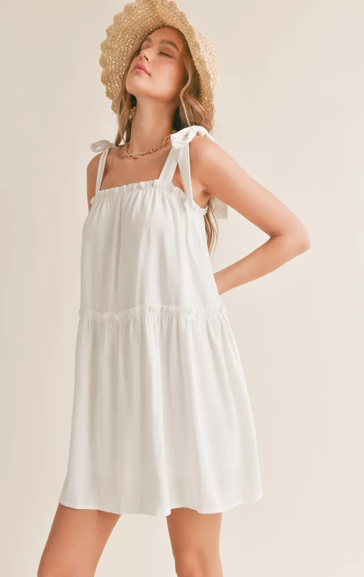 S&S Tie Shoulder Babydoll Dress-Wht