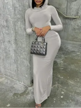 Sexy Taupe Stone Hooded Knit Bodycon Midi Dress