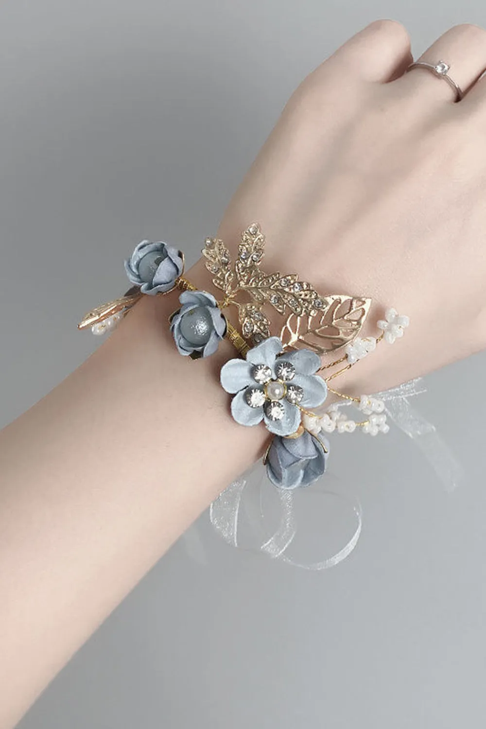 Sophisticated Blue Wrist Corsage with Rhinestone