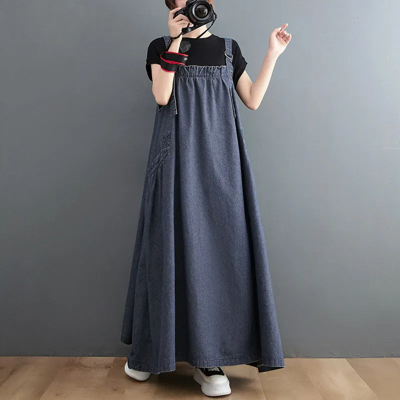 Spring/Summer New Loose Slim denim Slim Strap Long Dress Large Swing Dress