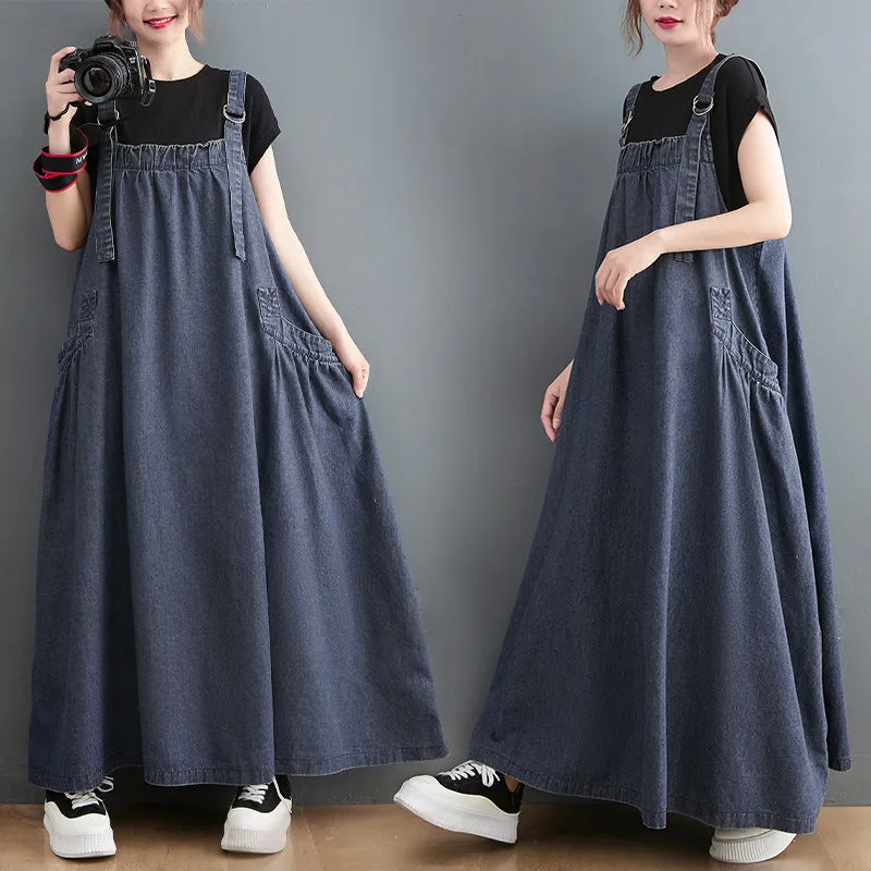 Spring/Summer New Loose Slim denim Slim Strap Long Dress Large Swing Dress