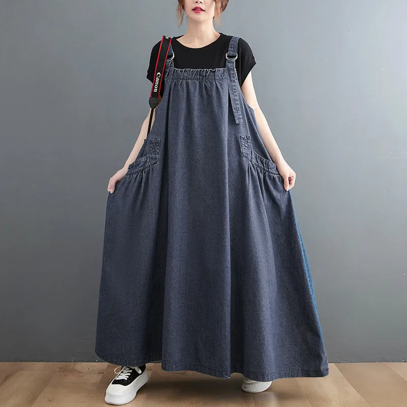 Spring/Summer New Loose Slim denim Slim Strap Long Dress Large Swing Dress