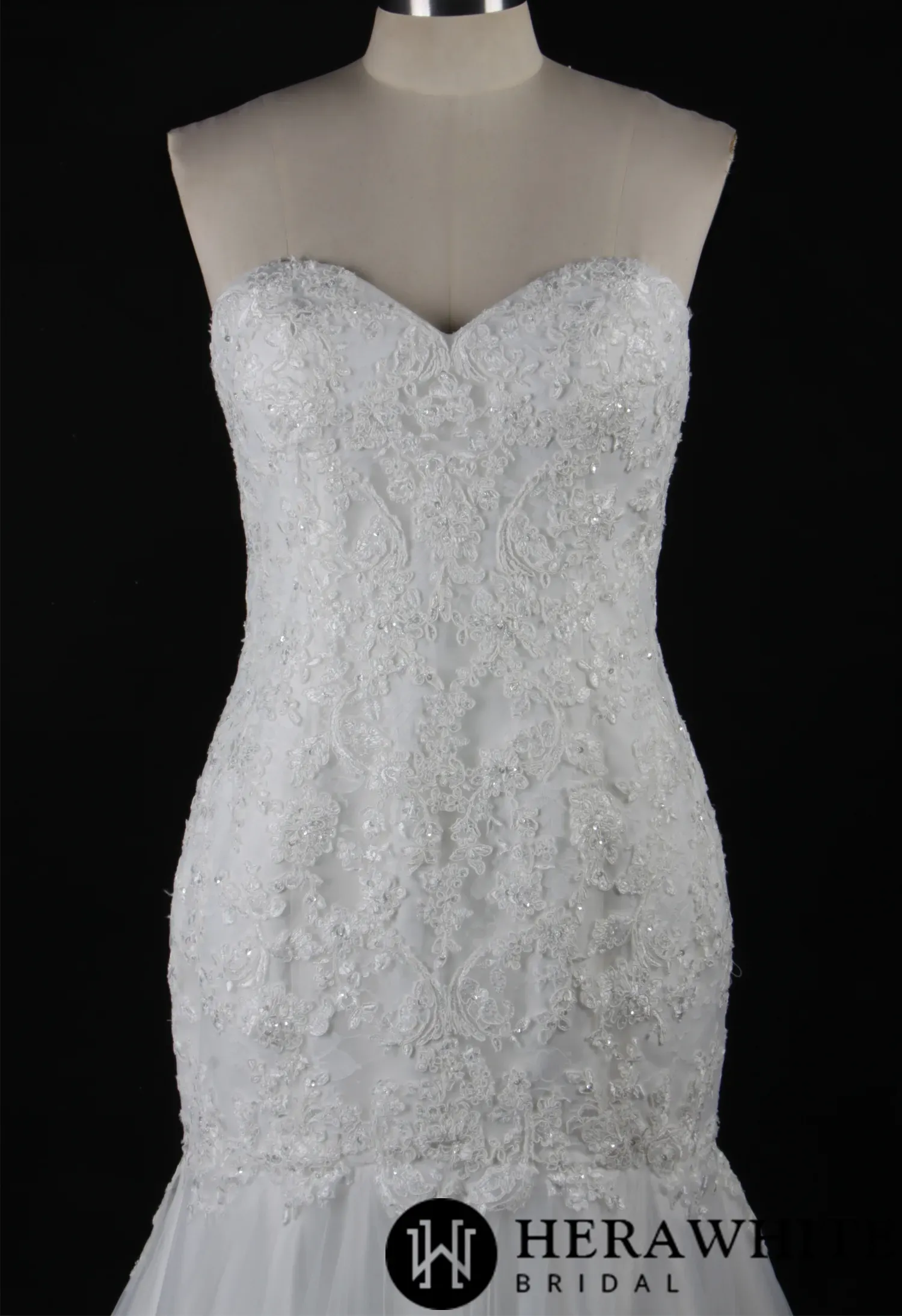 Strapless Embroidered Lace Fit and Flare Wedding Dress