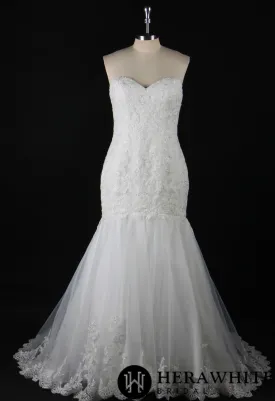 Strapless Embroidered Lace Fit and Flare Wedding Dress