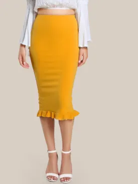 “Sunshine” ruffle hem midi pencil skirt