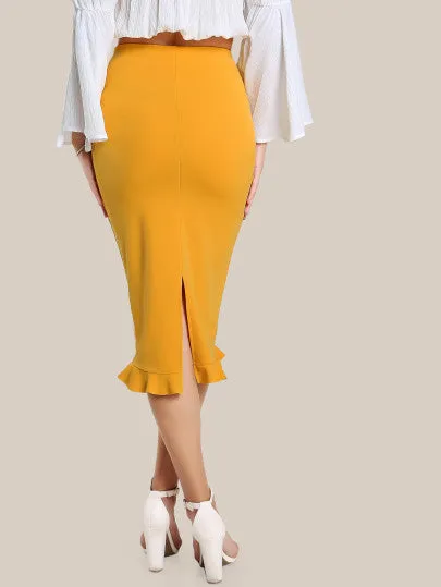 “Sunshine” ruffle hem midi pencil skirt