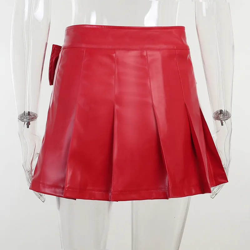 Thin PU leather high waist versatile skirt sexy pleated skirt with buckle