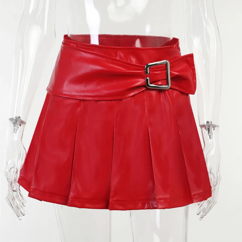 Thin PU leather high waist versatile skirt sexy pleated skirt with buckle