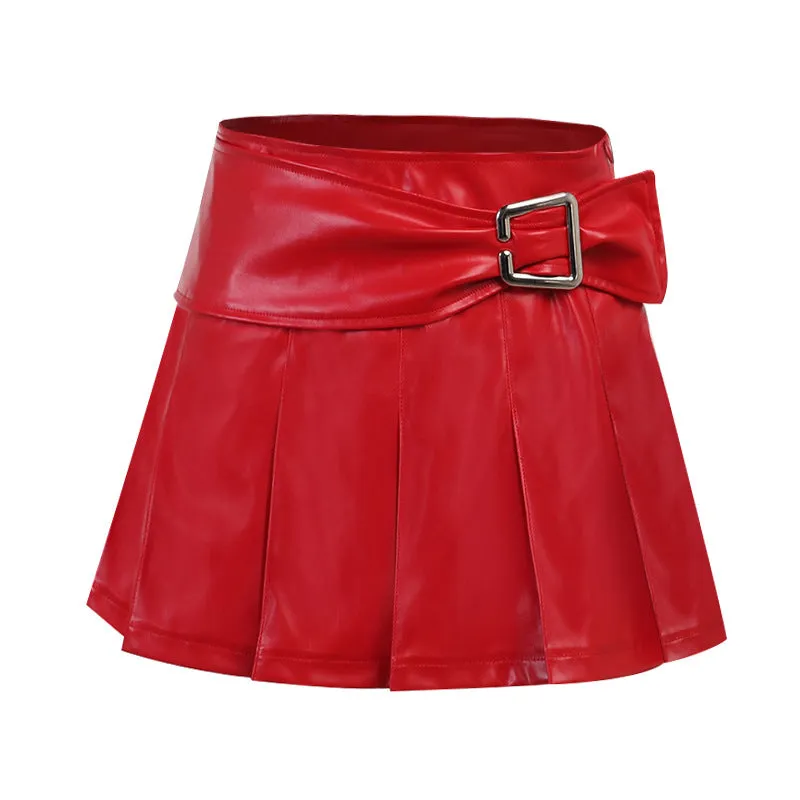 Thin PU leather high waist versatile skirt sexy pleated skirt with buckle