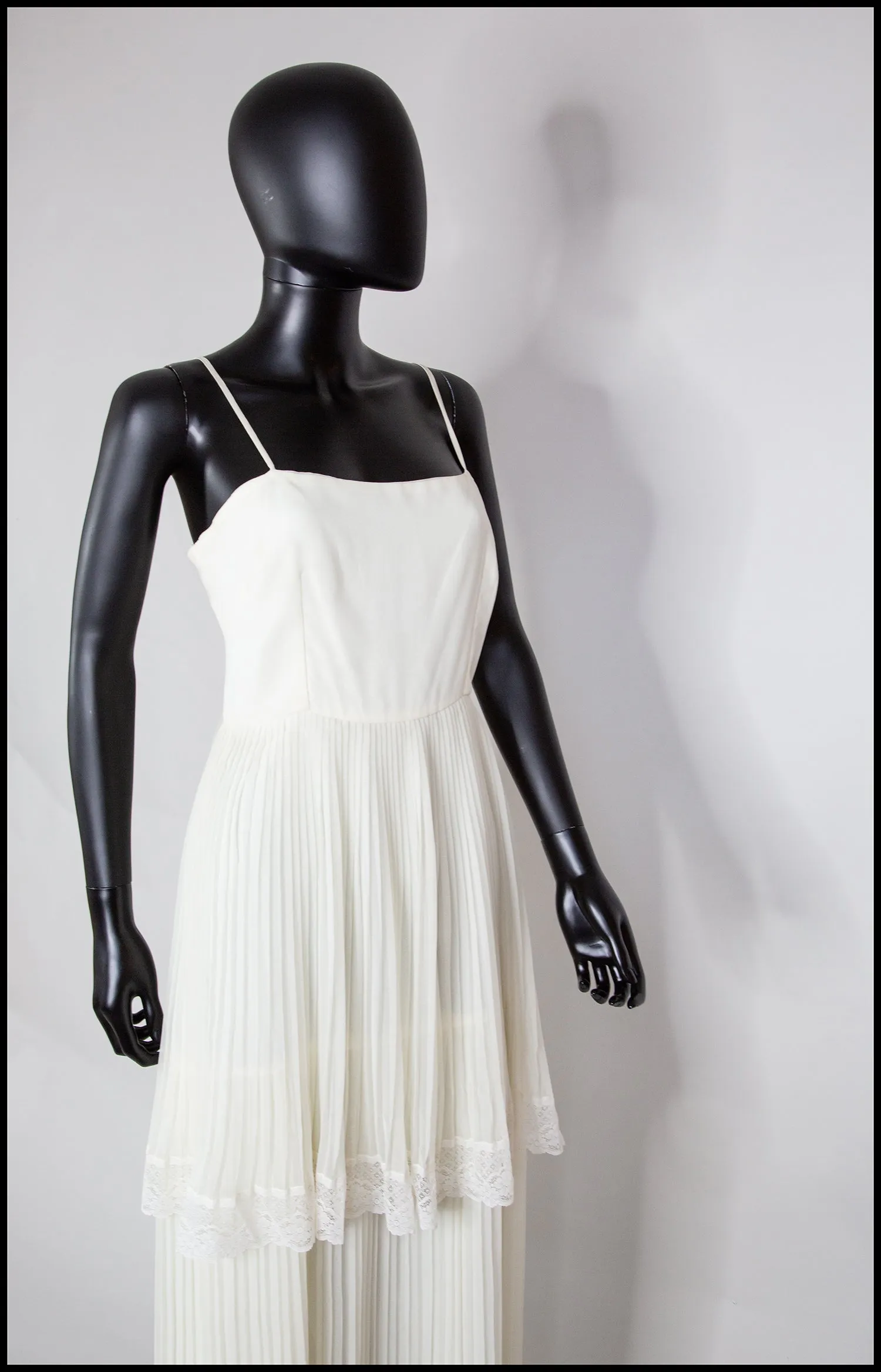 Vintage 1970s Ivory Pleated Chiffon Dress