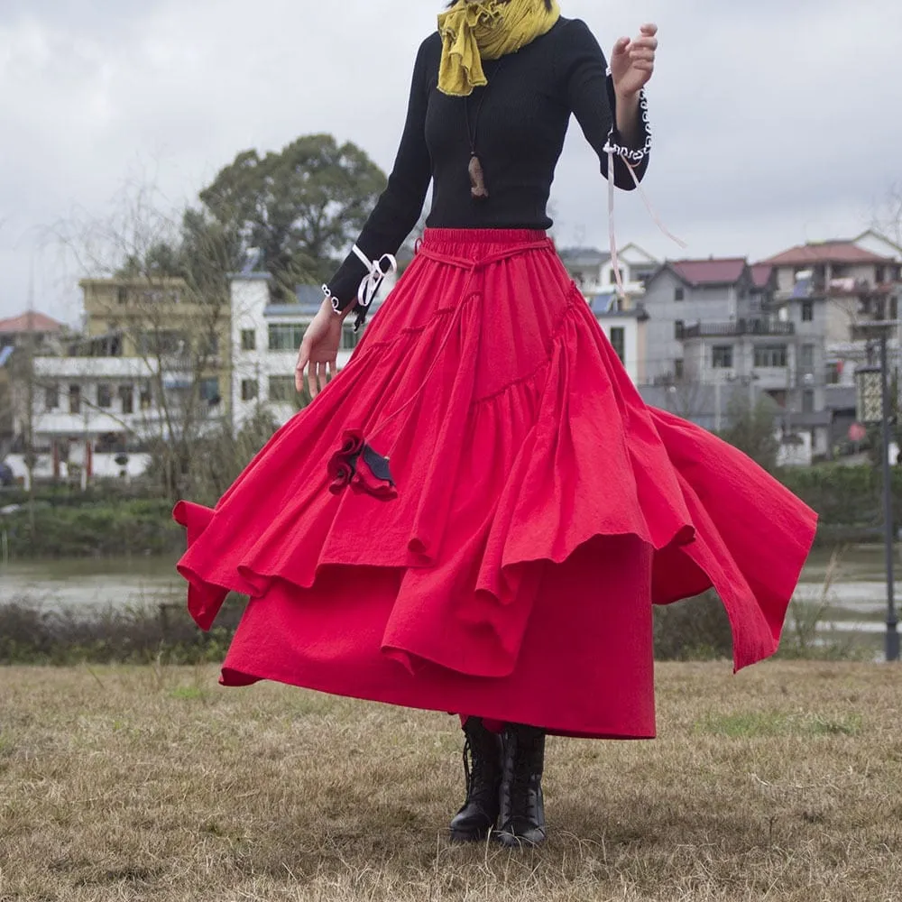 Vintage Bohemian Pleated Midi Skirt