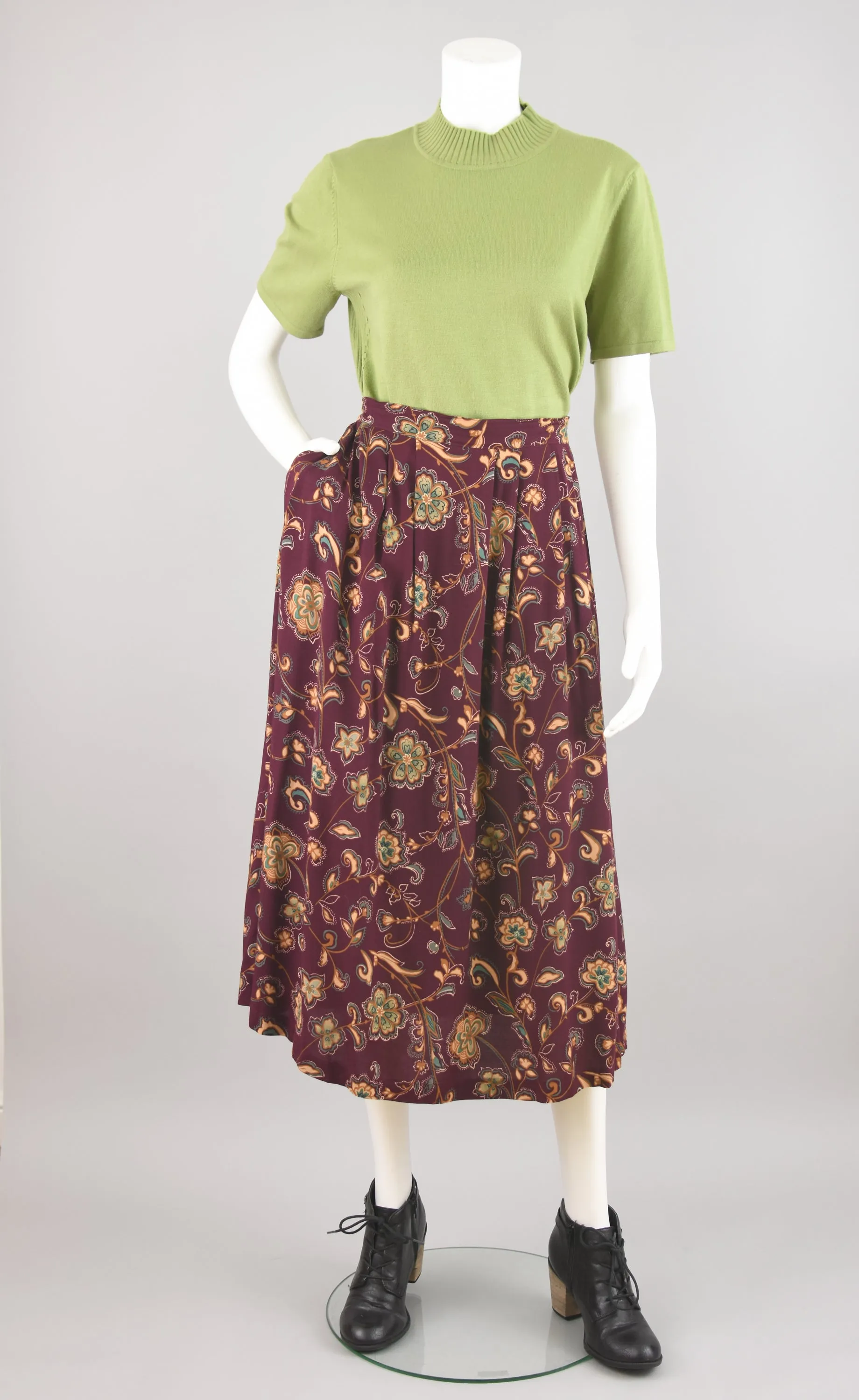 Vintage Purple Floral Midi Skirt, Women's Petite Medium