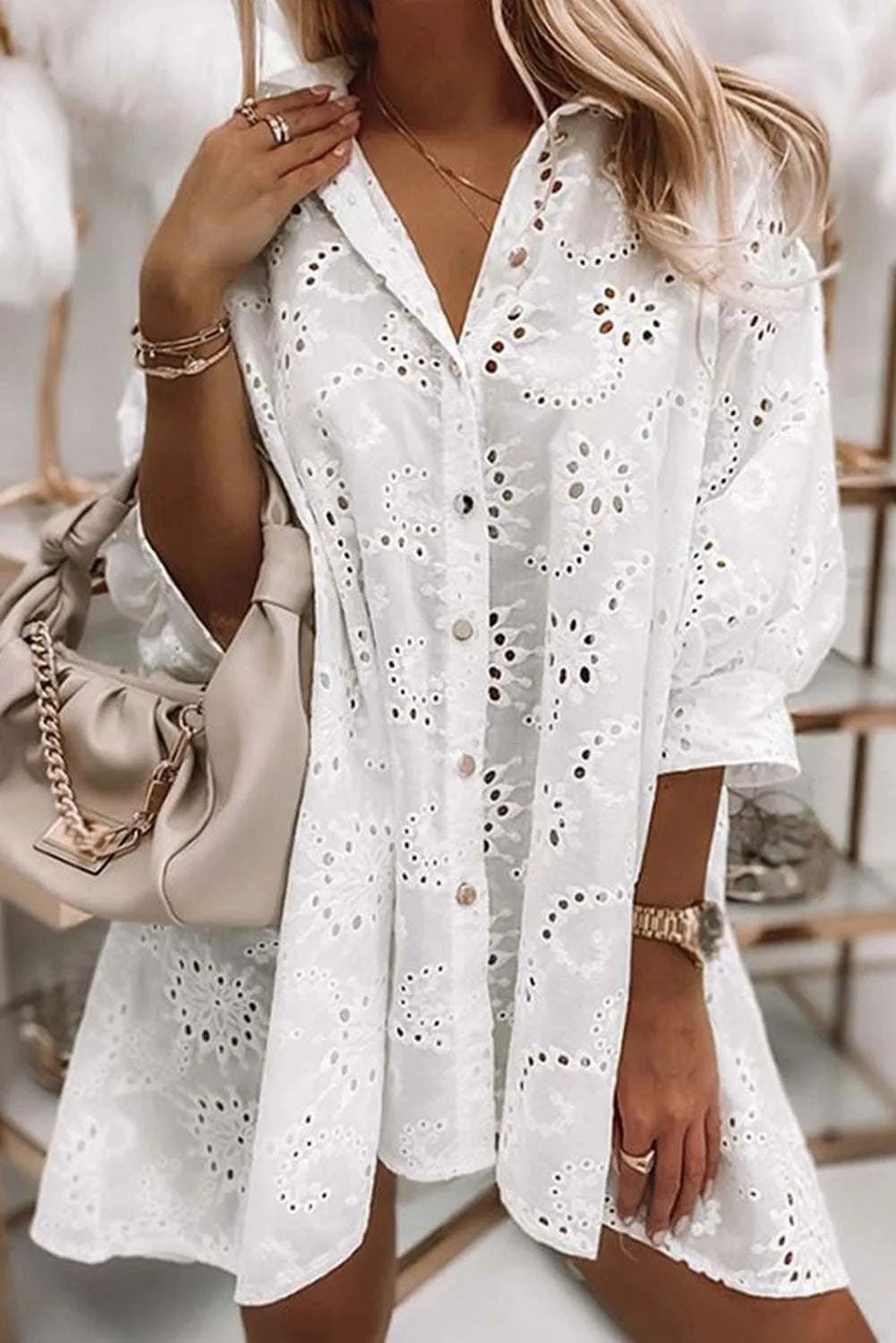 White Elegant Eyelet Lace Shirt Babydoll Dress