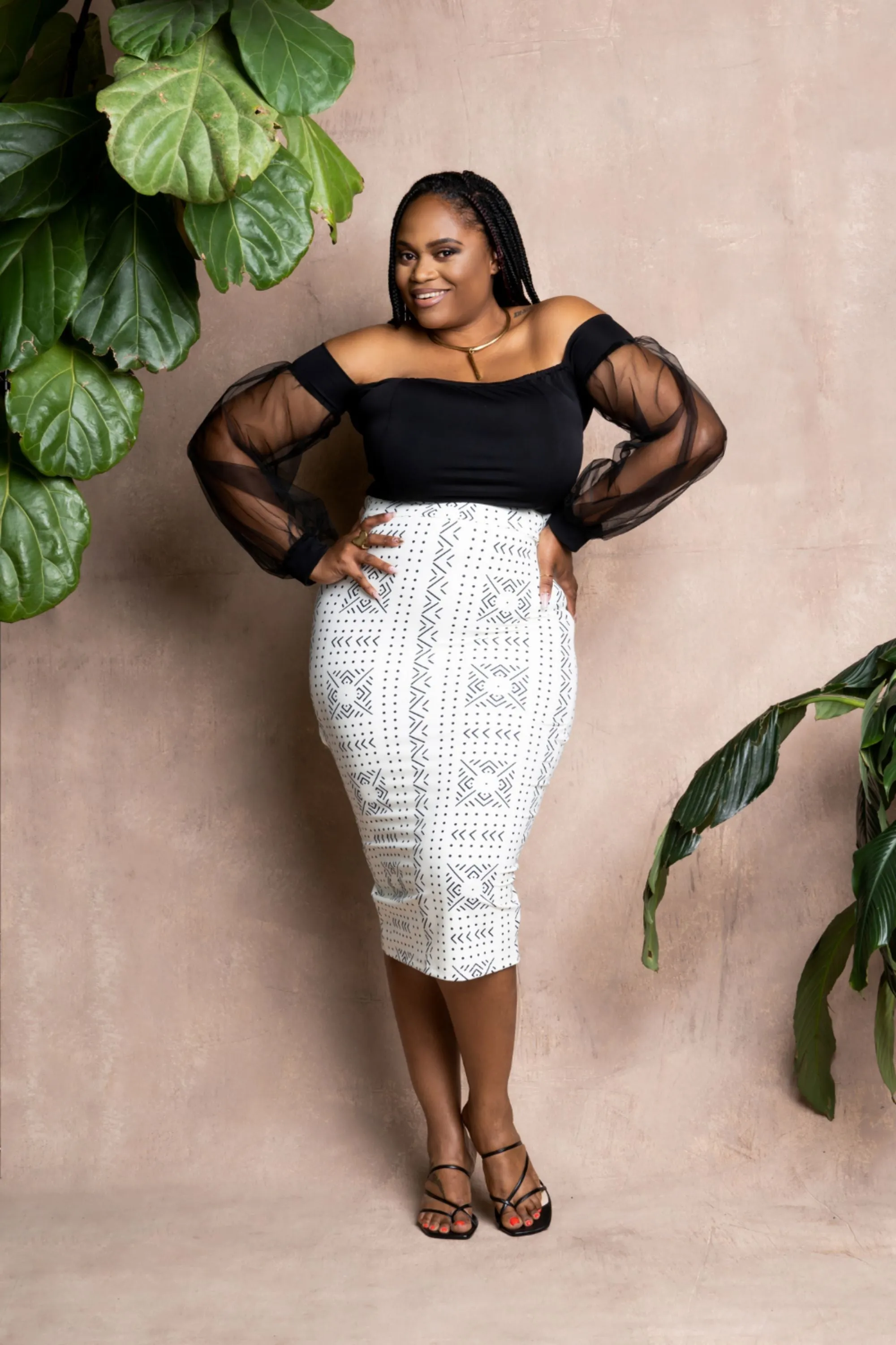 White Mudcloth Stretchy African Print Pencil Skirt