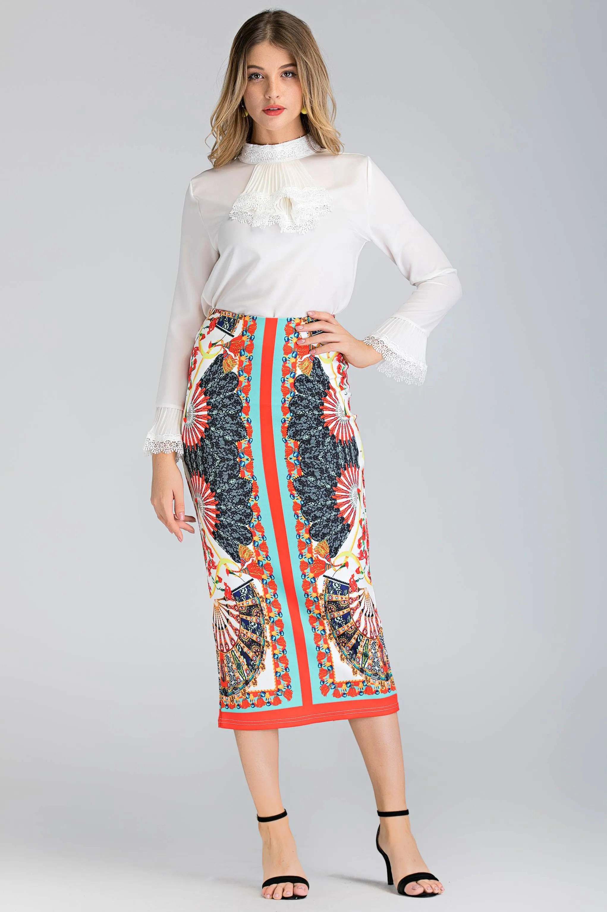 White Pleated Gabot Top and Printed Pencil Skirt Set