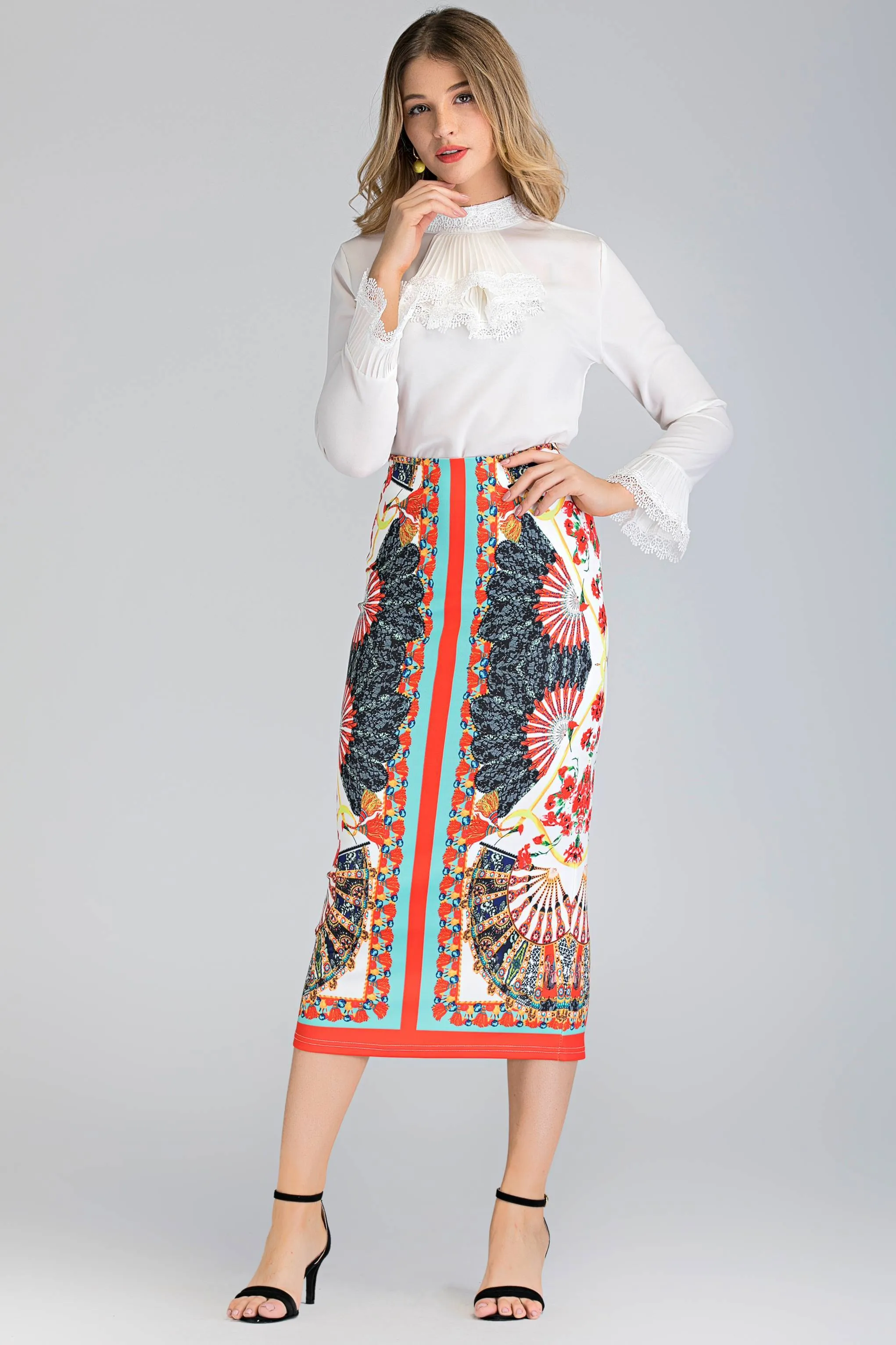 White Pleated Gabot Top and Printed Pencil Skirt Set