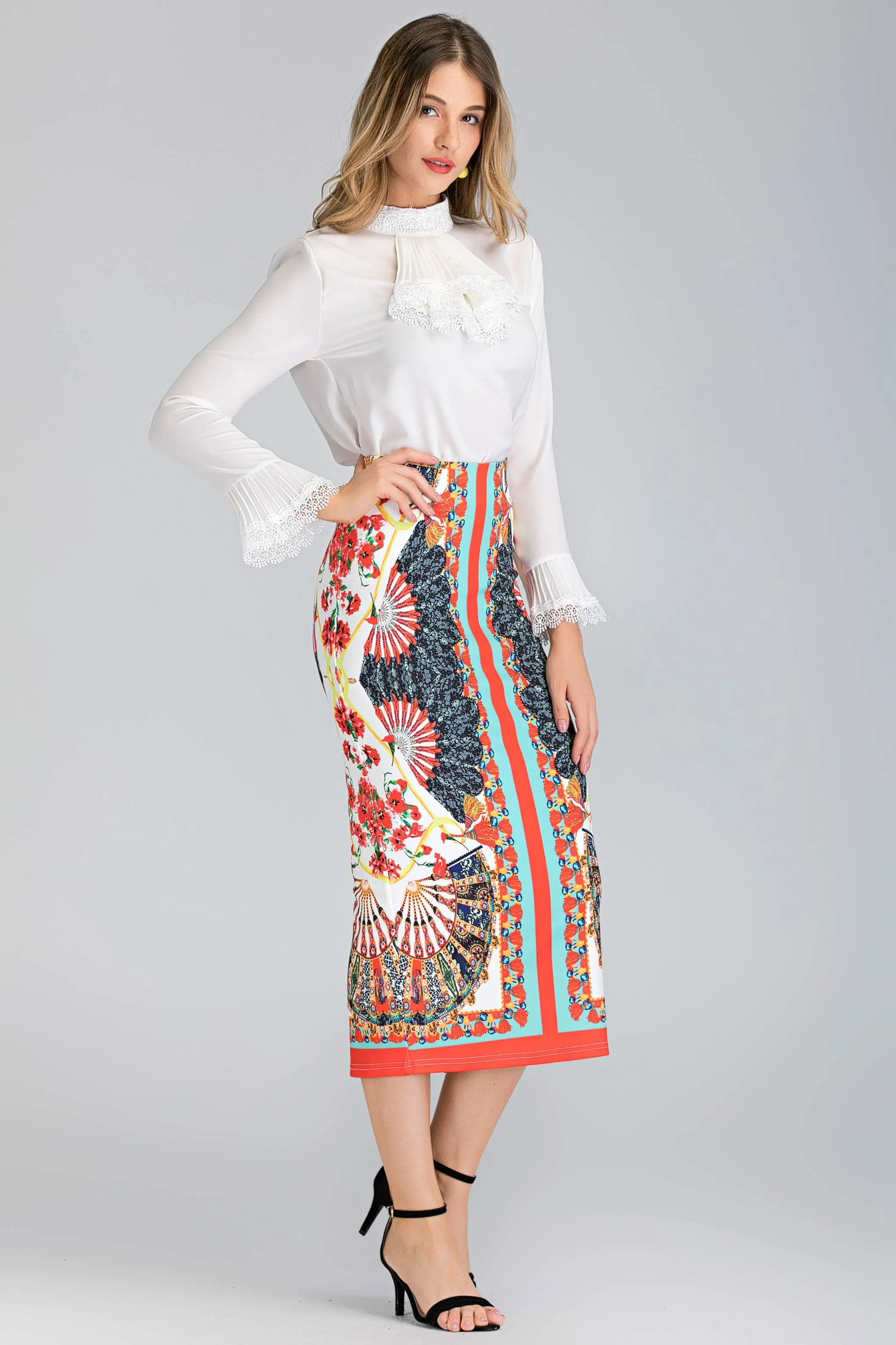 White Pleated Gabot Top and Printed Pencil Skirt Set